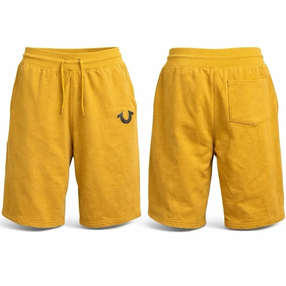 True Religion Men XXL Sweat Shorts Mustard Yellow Black Horseshoe Logo